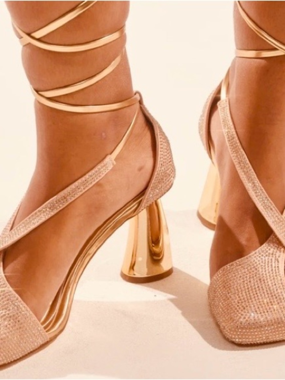 Glitter Wrap-Around Gold Block Heel Pumps